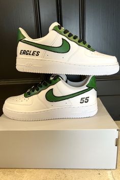 Custom Philadelphia Eagles sneakers designed for Carlyne Graham, featuring bold green accents, 'Eagles' lettering, and Brandon Graham's #55. #eagles #philadelphiaeagles #gobirds