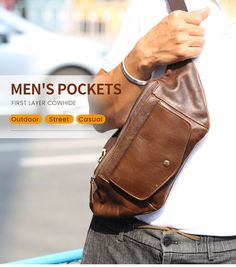 Enjoy admiring glances whenever you are out traveling with this waist bag for men that is uniquely designed to suit your sporting needs. The vintage-styled belt bag has a solid pattern and a pillow shape. Ideal for phone storage, this waist pack is made from genuine leather and has 39.4-inch long straps.Specifications Style: vintage Strap Drop: 39.4inch Shape: Pillow Pattern Type: Solid Origin: Mainland China Model Number: 6363 Material Composition: genuine leather Main Material: Genuine Leather Large Capacity Brown Belt Bag For Travel, Brown Belt Bag With Large Capacity For Travel, Brown Large Capacity Belt Bag For Travel, Brown Outdoor Chest Bag With Pockets, Outdoor Brown Chest Bag With Pockets, Casual Shoulder Bag With Coin Pocket For Travel, Casual Business Belt Bag With Pockets, Brown Chest Bag With Pockets For Outdoor Activities, Casual Brown Bag With Coin Pocket