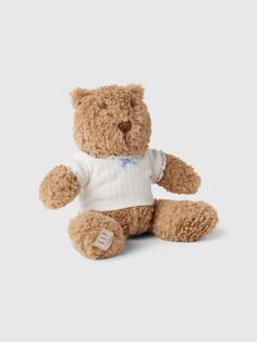 a brown teddy bear wearing a white shirt