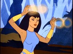 an animated image of a woman dancing in the woods