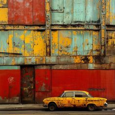 an old yellow car is parked in front of a rusted building with red doors