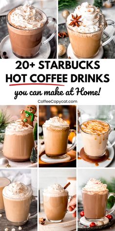 hot coffee drinks with whipped cream and cinnamon on top