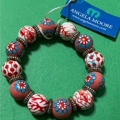 Nwt Angela Moore Red Blue White Bracelet Blue Round Beads Bracelet For Spring, Handmade Red Jewelry For Spring, Red Bracelet Gift For Spring, Red Bohemian Jewelry For Spring, Spring Blue Round Beaded Bracelet, Handmade Red Bracelets For Spring, Blue Beaded Bracelets For Spring Gift, Blue Beaded Bracelets As Spring Gift, Blue Casual Jewelry For Spring