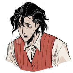 a drawing of a man with long hair wearing a red vest and white shirt is looking at the camera