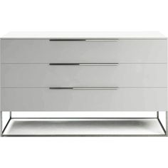 a white dresser with three drawers and chrome handles on it's sides, against a white background