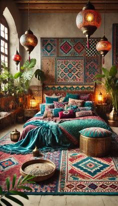 a bedroom with colorful rugs and lights hanging from the ceiling