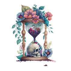 an hourglass with flowers and a skull on the bottom is painted in watercolor