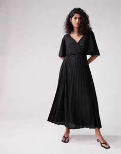 ASOS DESIGN wrap flutter sleeve midi dress with pleat skirt in black | ASOS Elegant Pleated V-neck Dress With Short Sleeves, V-neck Pleated Dress With Pleated Sleeves For Work, V-neck Midi Dress With Pleated Hem For Evening, Flowy V-neck Midi Dress For Work, Black Midi Dress With Pleated Bodice, Elegant Short Sleeve Maxi Dress With Pleated Back, Elegant Black Pleated Maxi Dress, Evening V-neck Pleated Dress, Black Maxi Dress With Pleated Bodice For Spring