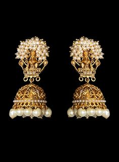 Mugdha - South Indian Temple Jewelry w/ Cluster Pearls & Goddess Motif work Traditional Pearl Drop Jhumkas For Reception, Elegant Chandbalis For Ceremonial Navratri, Elegant Chandbalis For Navratri Ceremonies, Elegant Ceremonial Chandbalis For Navratri, Gold Temple Necklace With Pearl Drop, Festive Temple Necklace With Pearl Drop For Wedding, Ceremonial Gold Plated Temple Bridal Earrings, Traditional Jhumkas With Pearl Drop For Wedding, Temple Necklace For Diwali Reception