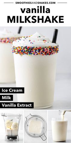 vanilla milkshake with ice cream and sprinkles in it, surrounded by other ingredients