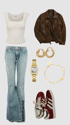 a woman's outfit with jeans, sneakers and a watch