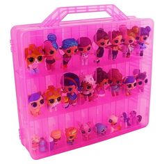 a pink plastic case filled with lots of littlest pet shop dolls in it's storage compartments