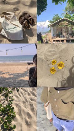 the collage shows shoes and flowers on the sand at the beach, in front of a house