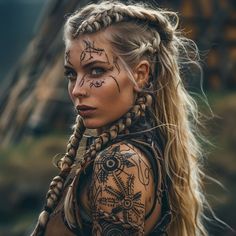 Viking Female Warrior Costumes, Apocalyptic Hairstyles, Halloween Viking Costumes Women, Women’s Viking Makeup, Viking Cosplay Female Makeup, Viking Woman Cosplay, Viking Warrior Woman Costumes, Long Viking Hairstyles Women, Viking Face Tattoo