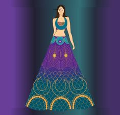 a woman in a blue and purple dress with an elaborate design on the bottom half