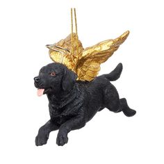 a black dog ornament hanging from a gold chain with angel wings on it's back