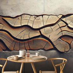 two chairs and a table in front of a wood paneled wall with coffee cups on it