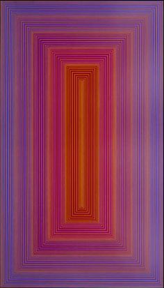 an abstract painting with lines in purple, orange and pink colors on a black background