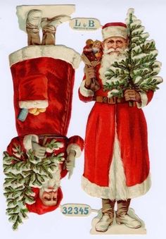 an old fashioned christmas card with santa claus holding a tree and presents in front of him