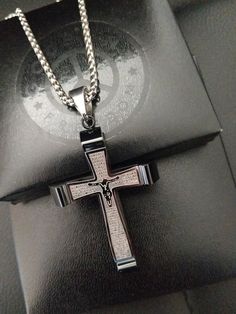 Mens Personalised Crucifix Cross Necklace, Engraved Black Stainless Steel Cross Pendant Necklace, Jesus Cross Crucifix Protection Gift  EC1-KP008Create Your Own Masterpiece, Make Someone Smile!A precious personalised bespoke gift for that special someone to treasure forever. A simply stunning, stylish, chunky statement cross crucifix stainless steel pendant necklace featuring detailed religious inscription in Spanish on the front along with a classic crucified Jesus figure!Complete with 3 MM box Black Laser Engraved Necklace As Gift, Black Laser Engraved Necklace For Gifts, Laser Engraved Black Necklaces For Gifts, Black Laser Engraved Necklaces For Gifts, Black Engraved Crucifix Necklace, Black Engraved Cross Jewelry, Black Engraved Pendant Cross Necklace, Engraved Black Cross Necklace As Gift, Engraved Black Cross Necklace For Gift