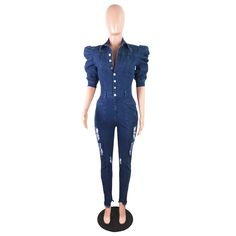 Women Clothing Summer Casual High Waist Puff Sleeve Button Ripped Skinny Pencil Denim Jumpsuits Trendy Fall Overalls With Buttons, High Waist Denim Jumpsuit With Button Closure For Fall, Denim Jumpsuits And Rompers With Buttons For Fall, Fall Long Sleeve Denim Jumpsuit With Buttons, Fall Denim Jumpsuits And Rompers With Buttons, Fall Denim Jumpsuit With Long Sleeves And Buttons, Trendy Long Sleeve Denim Jumpsuit With Button Closure, Trendy Fitted Overalls With Buttons, Trendy Denim Jumpsuit With Button Closure And Long Sleeves