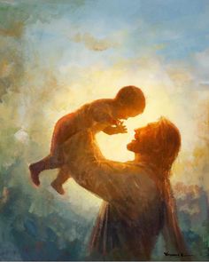 a painting of a man holding a child in his arms with the sun behind him