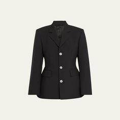 Balenciaga fluid barathea blazer jacket in an hourglass shape Notched lapel collar  3-button single-breasted front= Long sleeves Side flap pockets Mid-length  Tailored silhouette  Wool Dry clean Made in Italy Hourglass Blazer, Evening Flats, Cocktail Jacket, Hourglass Shape, Lingerie Sleepwear, Lapel Collar, Coat Dress, Formal Wear, Mid Length