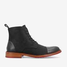 Black Leather Boots With Red Sole, Black Cap Toe Boots With Rubber Heel Cap, Black Leather Boots With Contrasting Heel, Black Boots With Rubber Heel Cap And Cap Toe, Black Wingtip Boots With Rubber Heel Cap, Fitted Black Boots With Red Sole, Luxury Black Cap Toe Boots, Taft Boots, Taft Shoes