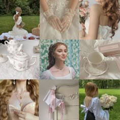 a collage of photos with women in white dresses and teacups on them