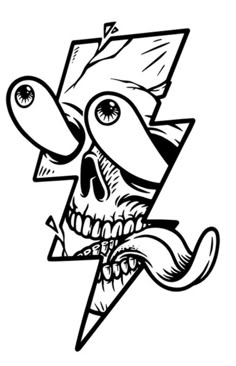 a black and white drawing of a skull with lightning bolt in it's mouth