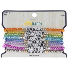 Keep your friends connected through bright accessories like Rainbow Squad Bracelets. This set features bracelets with pink, orange, yellow, green, blue, purple, and black acrylic beads surrounding white block letter beads. Pass one out to each of your pals so you can all sport an icon of your friendship every day! Details: 	 Thickness: 1/4" 	 Size: One Size Fits Most 	 Metal Color: Silver & Gold Card contains 8 bracelets. Trendy Assorted Friendship Bracelets, Colorful Novelty Jewelry For Friendship, Multicolor Hypoallergenic Friendship Bracelets, Hypoallergenic Multicolor Friendship Bracelets, Bright Accessories, Relationship Bracelets, Pop Jewelry, Beaded Braclets, Rainbow Metal