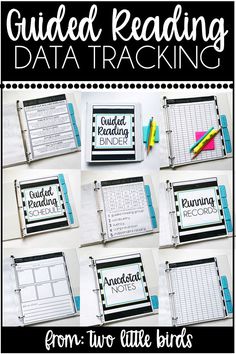 the guided reading data tracking binder is shown in four different pictures, including one for each