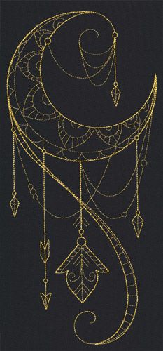 a drawing of a gold dream catcher on a black background