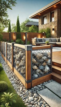 a wooden deck surrounded by rocks and gravel