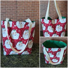 "How cool is this Christmas Tote bag featuring a red, Big-Faced Santa print? Maybe you want to go low key on the Santa? Well, all totes are reversible so turn it inside out and rock it with the green exterior.  Tote bag is constructed of cotton materials inside and out with an inside layer of sewn-in stabilizer to help give it more durability and keep it's shape. We've all got a million things to do so utilize this large tote to keep all the shenanigans in order. Straps are made out of 1.5\" wide soft, cotton webbing to make sure your shoulders stay comforatble for when you're toting a full tote.   Sometimes 💩 happens when you're on the daily grind or out for an adventure, but no worries because these materials are machine washable. I recommend a light cycle and either fluff dry low heat Red Christmas Bag For Everyday Use, Red Christmas Bags For Everyday Use, Red Bag For Everyday Use And Christmas, Christmas Rectangular Bag, Green Exterior, Light Cycle, Christmas Tote Bags, Christmas Tote, Green Interior