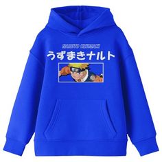 Celebrate your favorite anime characters with this Naruto sweatshirt. The hoodie features an image of Naruto Uzumaki under white kanji letters. The sweatshirt comes in royal blue with a large pouch pocket and a double-lined hood. Naruto fans will love this comfy and cozy hoodie. Hooded Fleece Sweatshirt With Character Print, Fleece Hooded Sweatshirt With Character Print, Blue Long Sleeve Hoodie With Character Print, Blue Hoodie With Character Print, Blue Hoodie Sweatshirt With Character Print, Blue Character Print Hoodie Sweatshirt, Blue Hooded Sweatshirt With Character Print, Blue Casual Hoodie For Cosplay, White Hooded Sweatshirt With Character Print