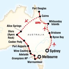 the map for australia with many destinations and major cities on it, including sydney to melbourne