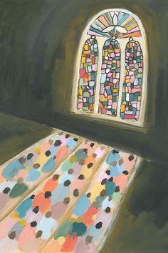 a painting of a bed in front of a stained glass window with polka dots on it