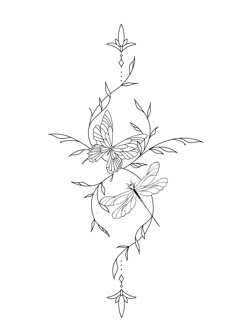 a black and white drawing of some kind of plant with two dragonflies on it