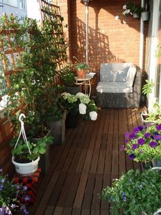 an outdoor deck with potted plants and chairs