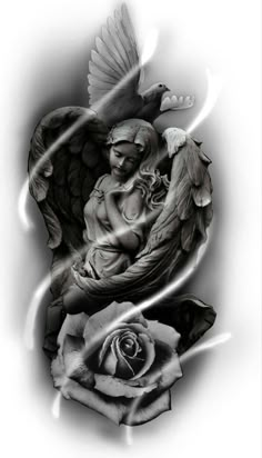 a tattoo design with an angel and rose on it