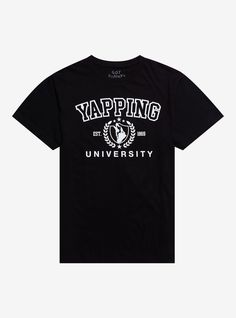 We've got a master's degree in communication at Yapping University! This collegiate-inspired tee has "Yapping University" in a varsity font.Officially licensed art by Got Funny?.100% cottonWash cold; dry lowImportedListed in men'sunisex sizes Collegiate Pre-shrunk T-shirt For Campus, Fan Apparel Cotton T-shirt For Campus, College Varsity T-shirt With Graphic Print, Black Varsity T-shirt With Text Print, Varsity Cotton T-shirt For Streetwear, Casual Short Sleeve T-shirt With University Logo, Casual Cotton T-shirt With University Logo, College Style Crew Neck T-shirt For College Events, University Logo Cotton T-shirt For College Events