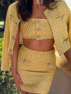 Yellow tweed bra, skirt and jacket set with jewel buttons Plaid Skirt And Blazer, Skirt And Blazer Set, Yellow Plaid Skirt, Tweed Two Piece, Nike Quarter Zip, Tweed Set, Yellow Suit, Clueless Outfits, Tweed Mini Skirt