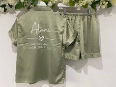 **Thank you so much for visiting our Etsy Shop** We have lots of Robes, Pyjamas, Sleepshirts and cami sets in various styles, sizes, materials colours and designs Can't see what you are looking for?....You can find our smaller sizes and our full collection over on our website:  https://www.avaappleblossom.co.uk Our luxuriously soft pyjamas are perfect for Weddings, Hen Parties or Spa Days and they also make gorgeous gifts for birthdays and special occasions. A beautiful gift for your bridal party for getting ready on the big day.  Made from 100% soft polyester satin fabric our pyjamas feature contrasting piping and delicate button detail. With elasticated waistband, these semi-fitted pyjamas combine both comfort and style and look flattering on all body shapes. DESIGNS We have lots of desi Luxury Pyjamas, Bridal Party Pajamas, Theme Nights, Bachelorette Theme, Monogrammed Pajamas, Satin Pyjama, Spa Days, Luxury Pajamas, Pyjama Satin