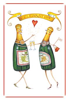 two champagne bottles holding hands with the words celebration