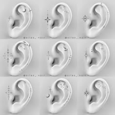 six different types of ear piercings with stars and moon designs on the sides, all in white