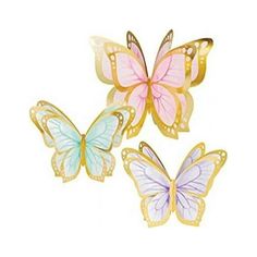 three different colored butterflies are shown in this image, one is pink and the other is blue