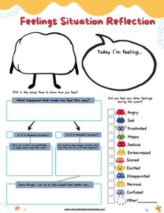 the feelings situation reflection worksheet is shown with an image of two sheeps