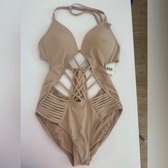 Kenneth Cole One Piece Swimsuit Size S Beige Lined Swimwear For Spring, Spring Beige Lined Swimwear, Beige One-piece Swimwear For Pool, Beige Lined Swimwear For The Beach, Beige Summer Bodysuit For Beach, Beige Summer Bodysuit For The Beach, Beige Bodysuit For Beach In Spring, Kenneth Cole, Womens Swim