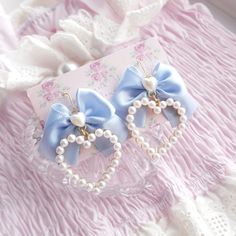 Light Blue bow pearl heart  Dangle Earrings / Clip On No Pierce ,  Cute Victorian style elegant  Jewelry ♡ the pearl heart approx 3.8cm ♡ bow width approx 4cm Pastel Blue Jewelry, Blue Bow Earrings, Light Blue Earrings Aesthetic, Cute Accessories Earrings, Cute Blue Accessories, Elegant Heart-shaped Pearl Earrings For Party, Elegant Heart Beads Earrings For Wedding, Elegant Wedding Heart Beaded Earrings, Elegant Party Earrings With Heart Beads